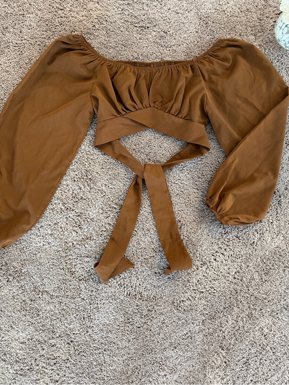 SHEIN Chestnut Brown Puff Sleeve Wrap Crop Top